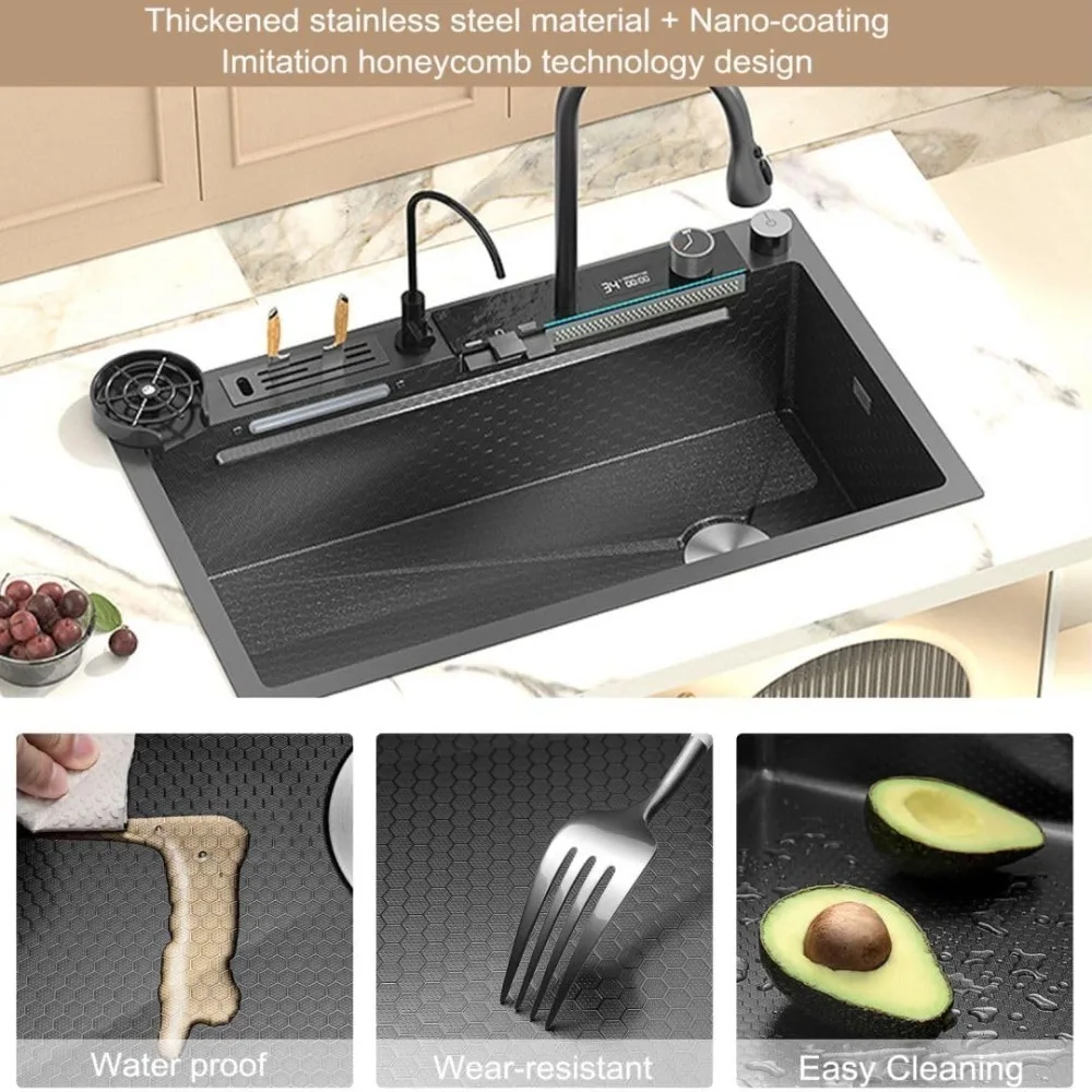 Imagem -05 - Honeycomb Nano Kitchen Sink Twin Cachoeira Pias com Torneira Display Led 315 Aço Inoxidável