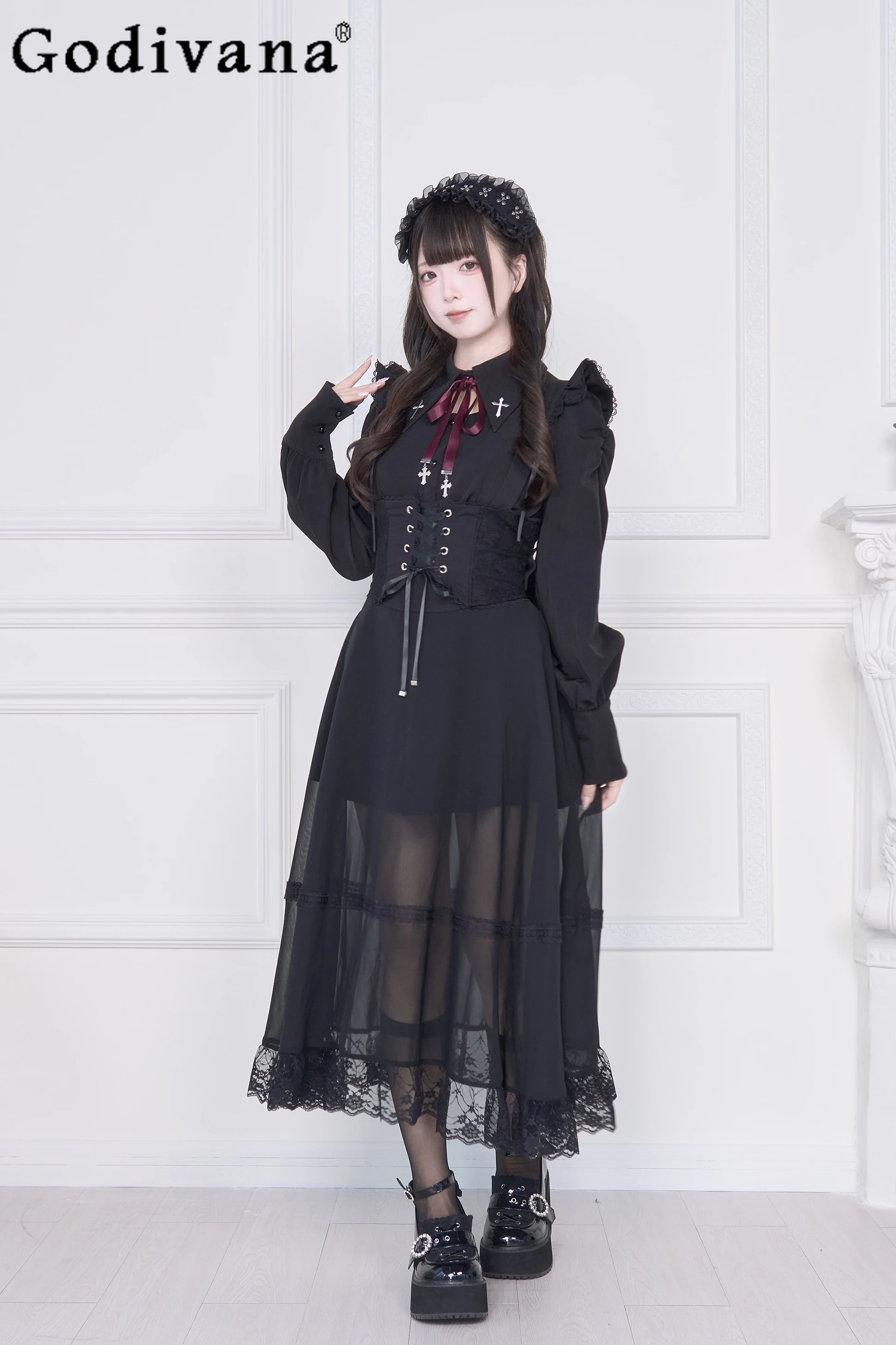 

Новинка 2025, японская субкультура, милая юбка принцессы Лолиты, комплект рубашек, осенняя женская кружевная сетчатая лоскутная юбка для девочек, рубашка, наряды