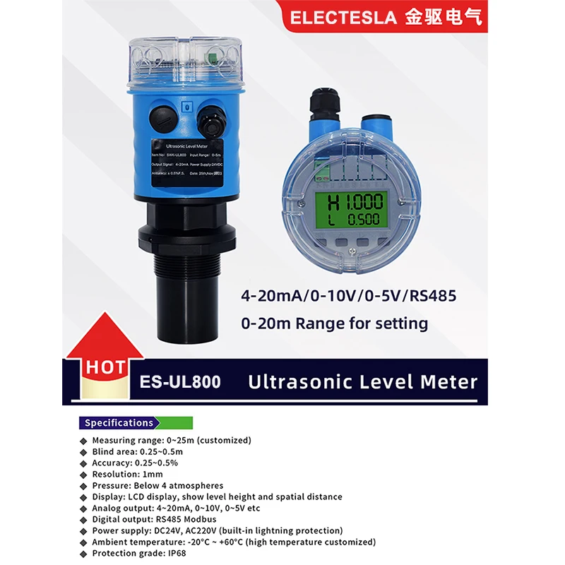 IP68 Ultrasonic level meter 3m 5m 10m for tanks water level transmitter waterproof type 4-20mA RS485 liquid level gauge DC24V