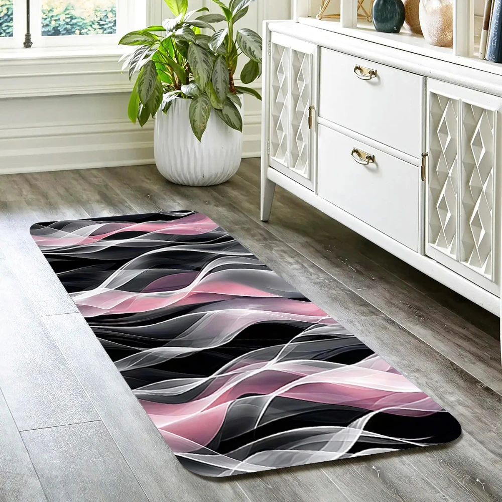 Abstract Pink Black Smoke Wave Runner Rug  Modern Gradient Transparent Ribbon Long Floor Mat for Hallway Bedroom