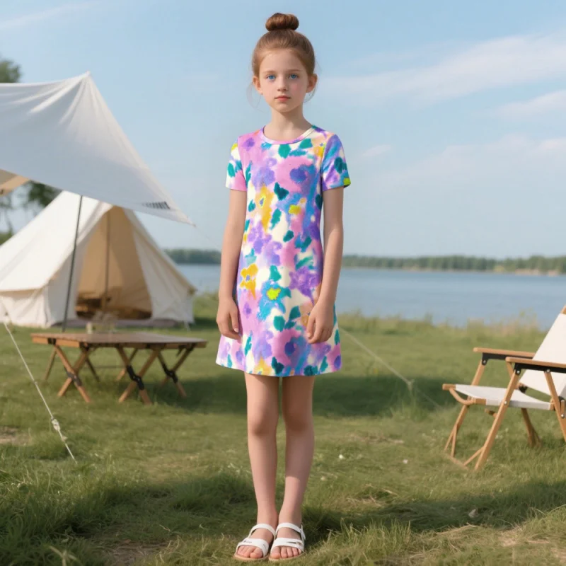 2025 Girls Color Short Sleeve Dress - Casual Summer Vacation Camping Children's Clothing