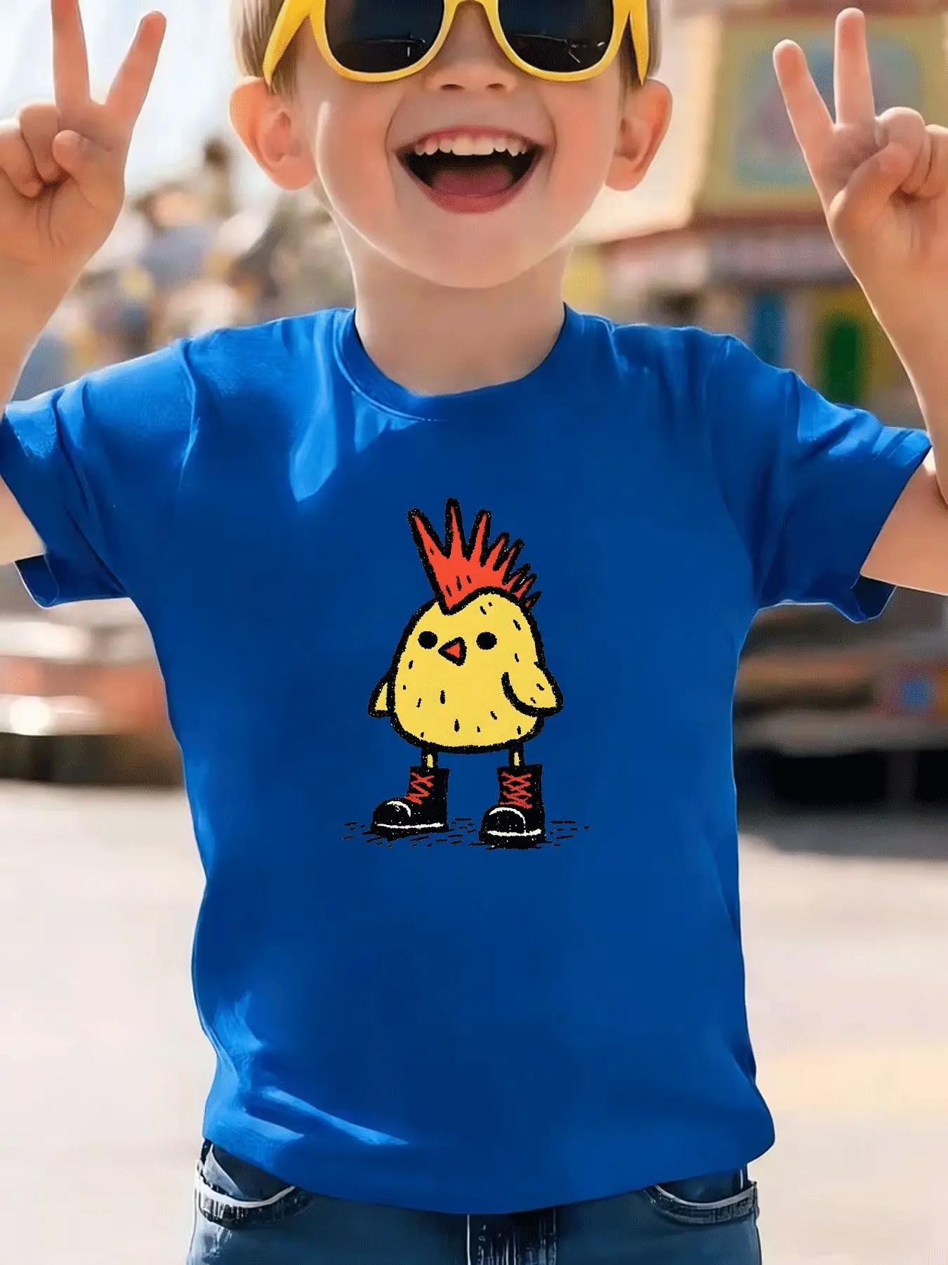 Casual Children's T-shirt Trendy Punk Chicken Print, Breathable Fabric Summer Street Style, Holiday Gift, Parent-child Clothing