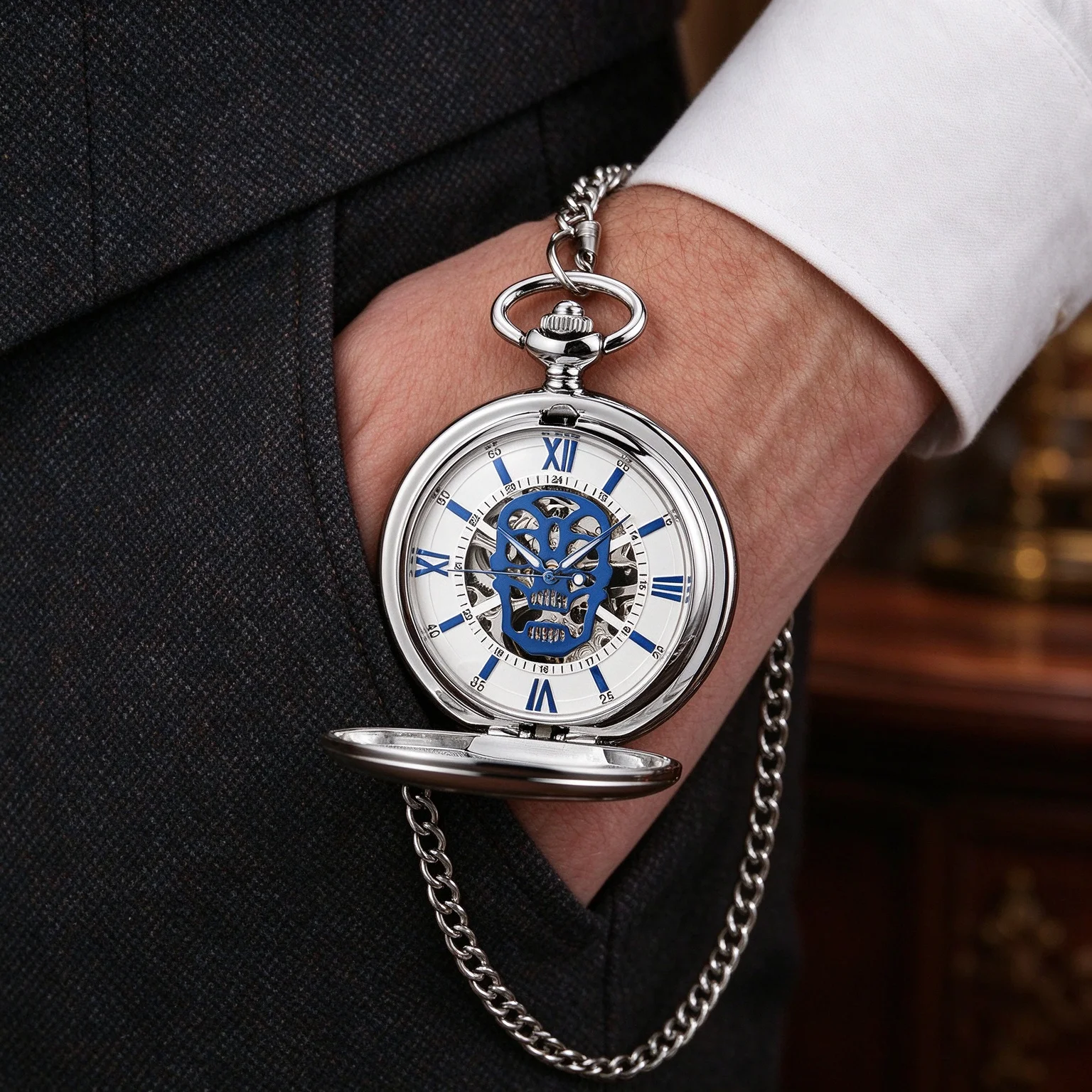 Vintage Mechanical Pocket Watch Skull Hollow Dial Skeleton Pocket Watch Roman Numerals Watch Gift for Men Women