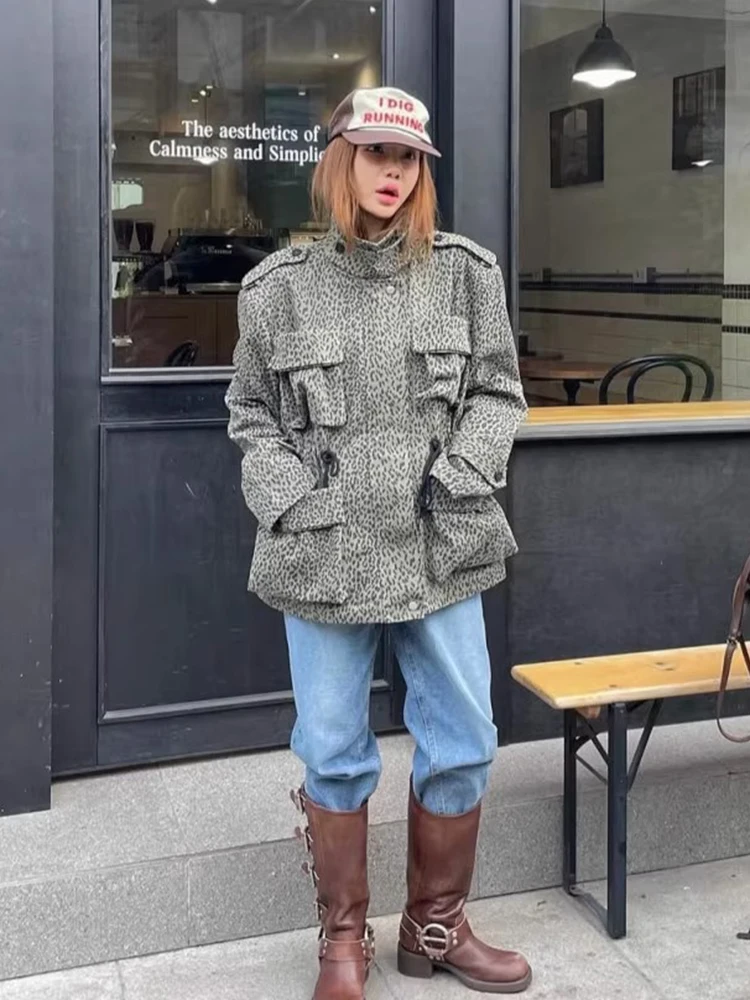 

Шикарное винтажное пальто с воротником-стойкой и леопардовым принтом, женское длинное пальто Sve Dstring Multi ket, осеннее новое пальто для поездок на работу и ветер