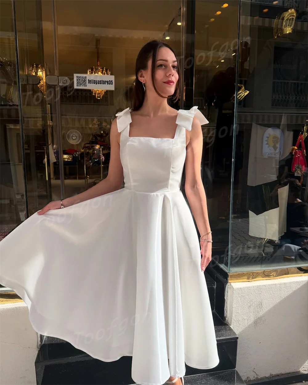 Toofgon carré large sangle courte robes de bal taffetas une ligne robes de soirée personnalisé femmes thé longueur robe de retour