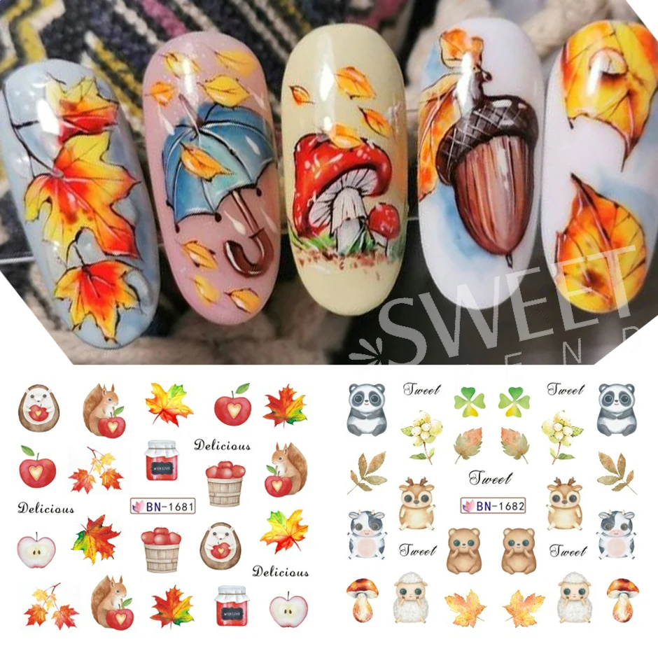 12pcs Hedgehog Animal Nail Water Stickers Pine Cones Gold Fall Design Watercolor Winter Manicure Transfer Sliders JIBN1681-1692