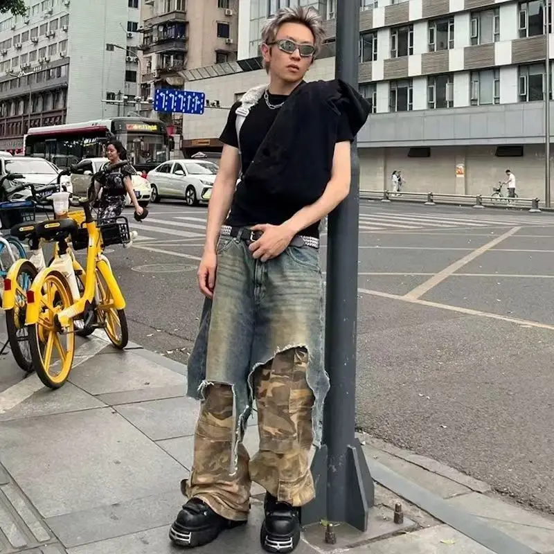 

Мужские повседневные камуфляжные рабочие джинсы Ailz Project с эффектом двухцветного пэчворка, свободного кроя, с эффектом потертости, длинные брюки