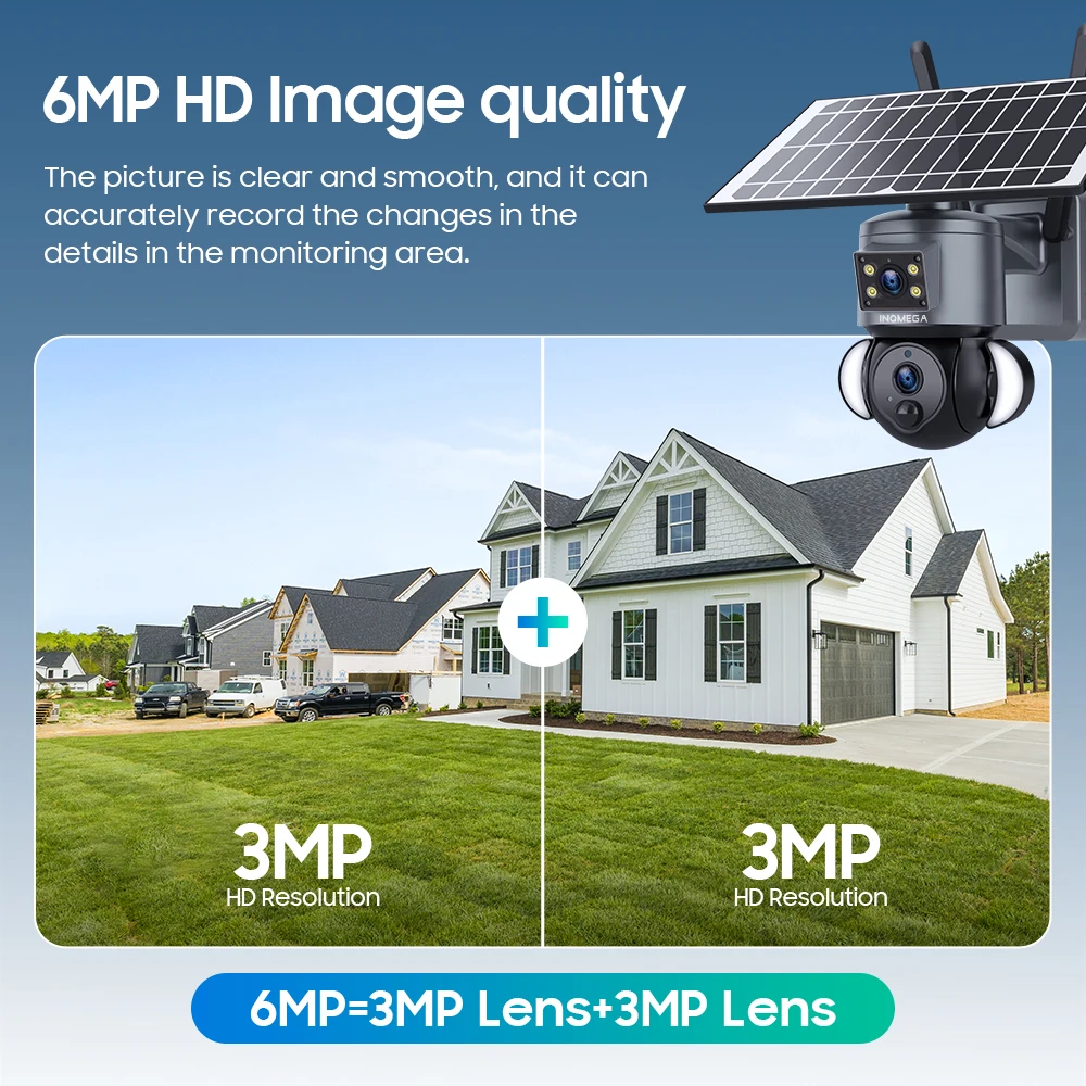 INQMEGA 6MP Solar Camera 4G SIM 12X ZOOM WIFI 6W Solar Panel Security Camera Solar Security Camera Dual Lens PIR CCTV Camera