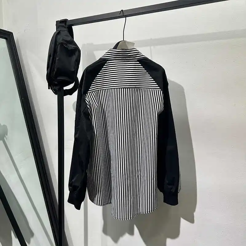 PFNW Spring Men's Niche Colorblock Splicing Striped Shirt Men's Long-sleeved Loose Design Casual Single Breasted Top New 12C2291