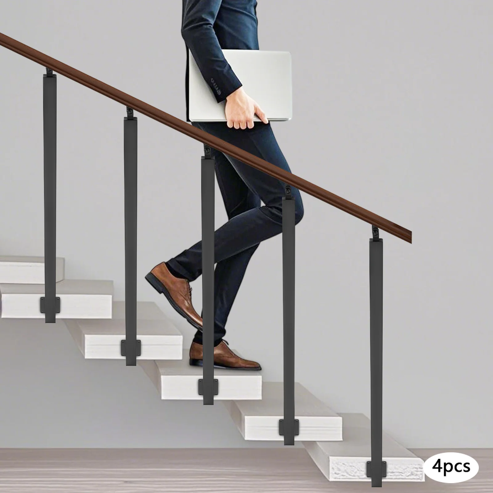 4 Pieces of 100cm Stair Railing Side Installation - Black, , , Suitable for Staircases, Villas, Entrances, Corridors, Attics