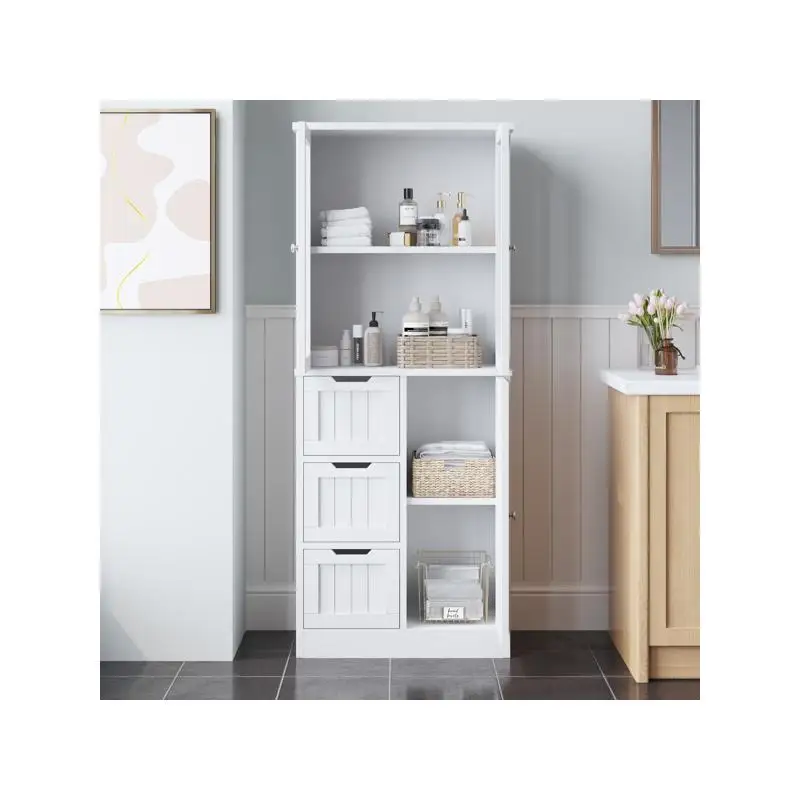 خزانة حمام متعددة الطبقات بثلاثة أبواب و3 أدراج، لمسة نهائية بيضاء، حل تخزين موفر للمساحة لأساسيات الحمام المنظمة