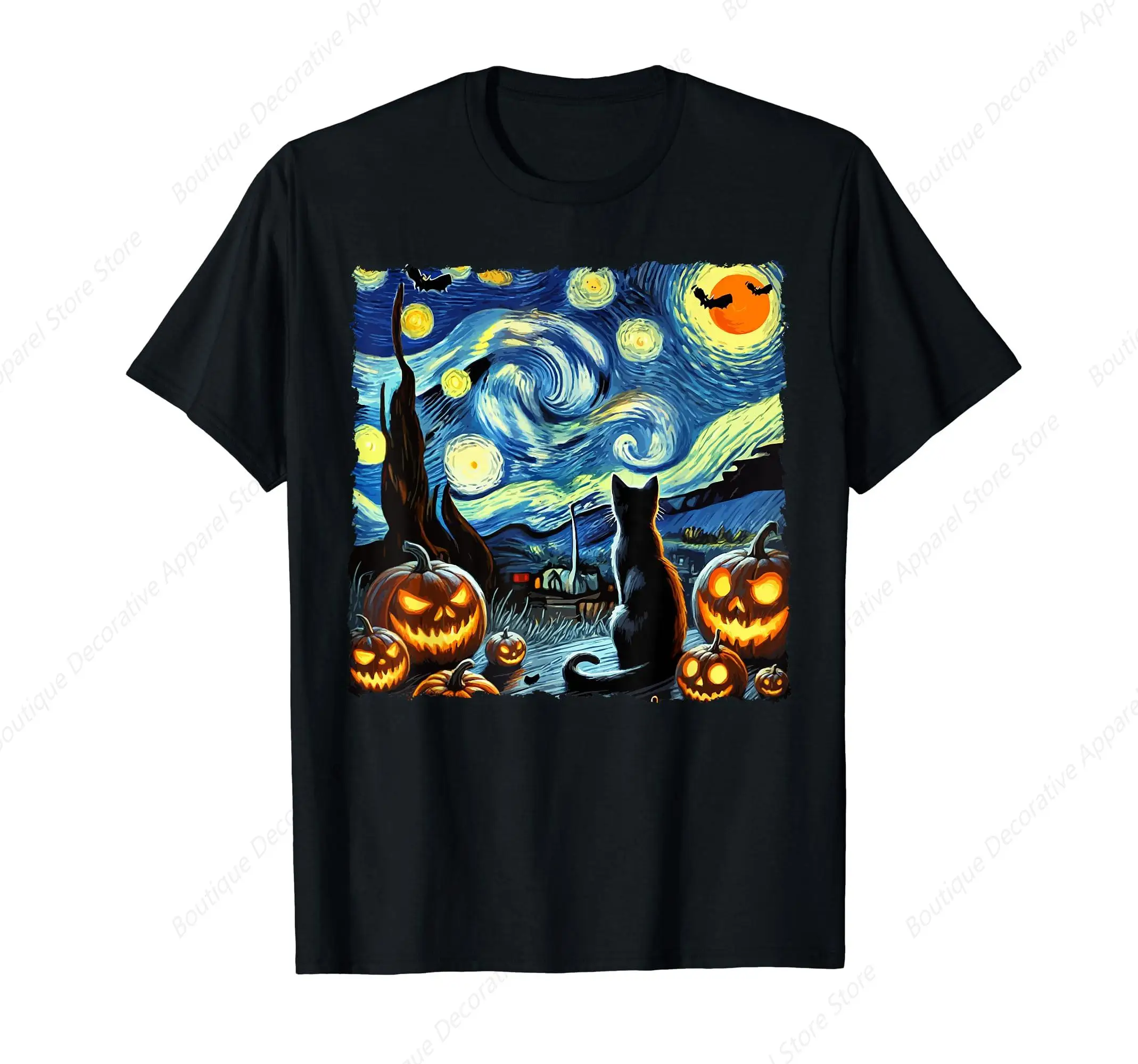 Halloween Van Gogh Starry Night Black Cat T-Shirt