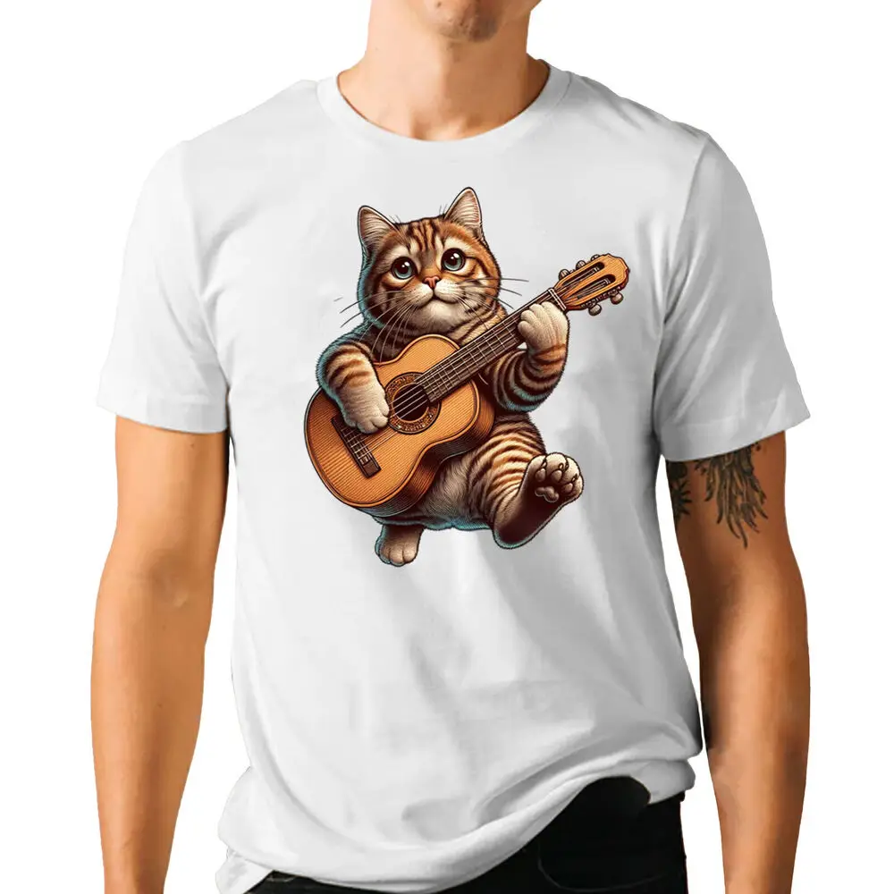 Cat Playing Guitar T-shirt - Funny Music Novelty Graphic Tee Anime Graphic T-shirts 100%Cotton Short Sleeve