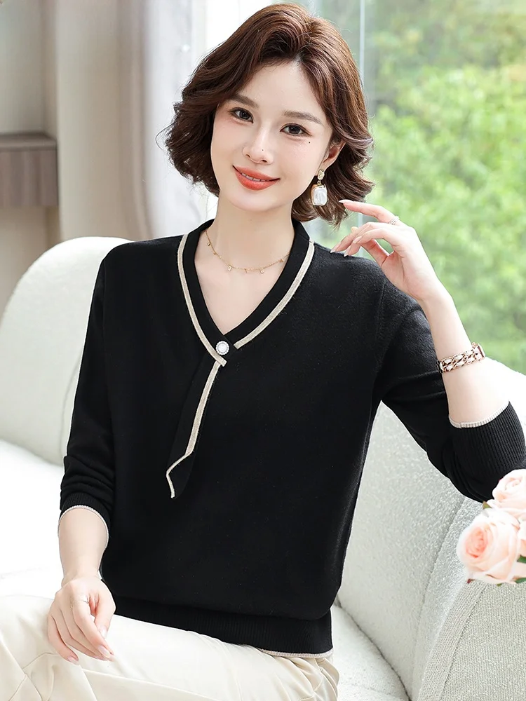 

Faionable Knitted Sweater Thin Long Sve Autumn Wear for Middle-Aged Women Quali Polyester Nylon V-Ne Loose Fit Top