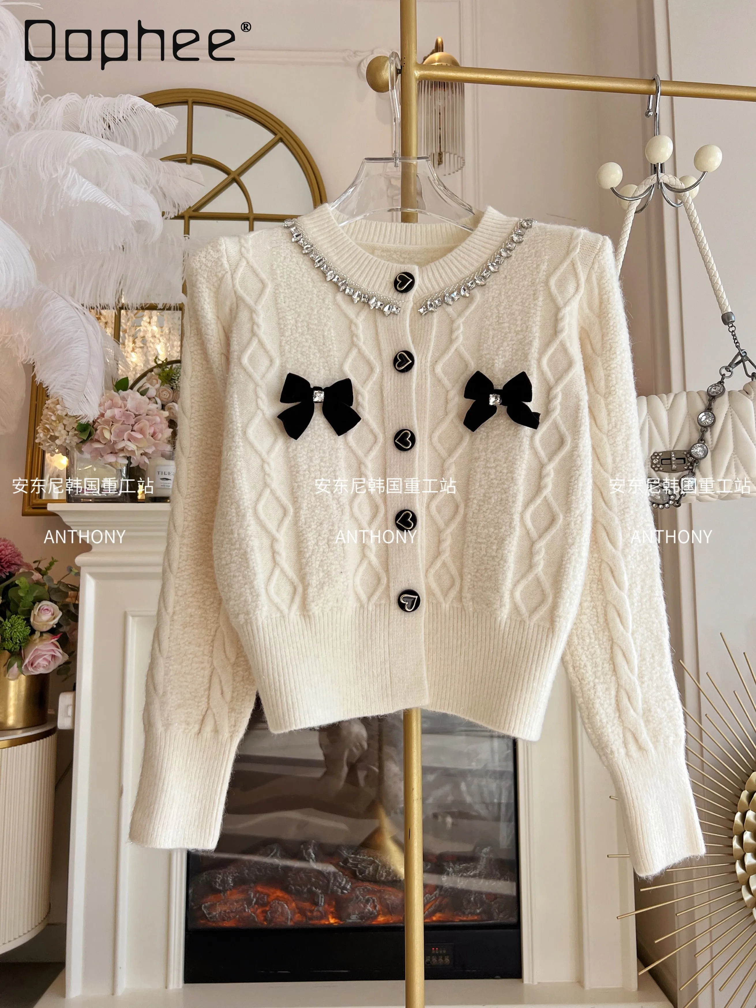 

Sweet Temperament Knitted Cardigan Autumn Winter Heavy Beading Rhinestone Single-Breasted Loose Slim Fashion Cropped Cardigan