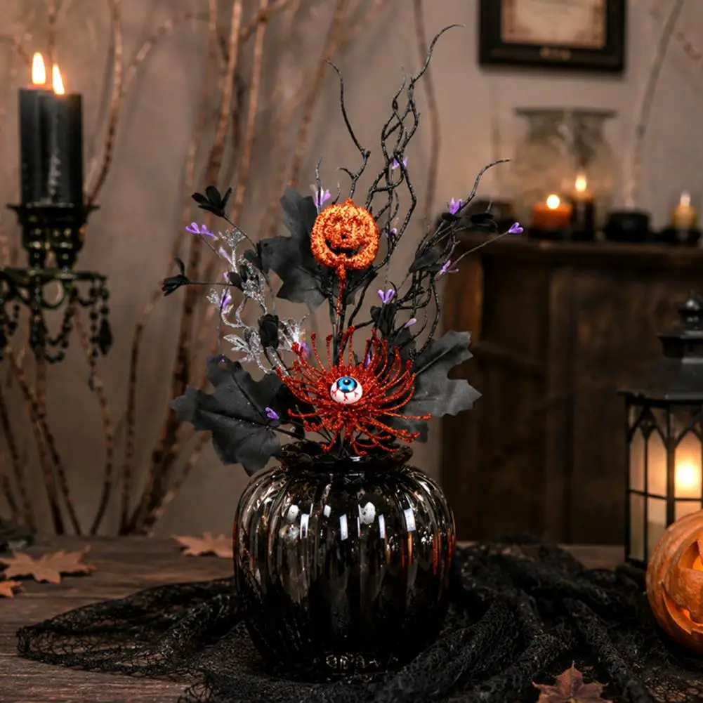 Hollow Twisted Dead Branches Decor Halloween Artificial Branch Stem with Glitter Black Twigs Pumpkin Eyeball for Floral