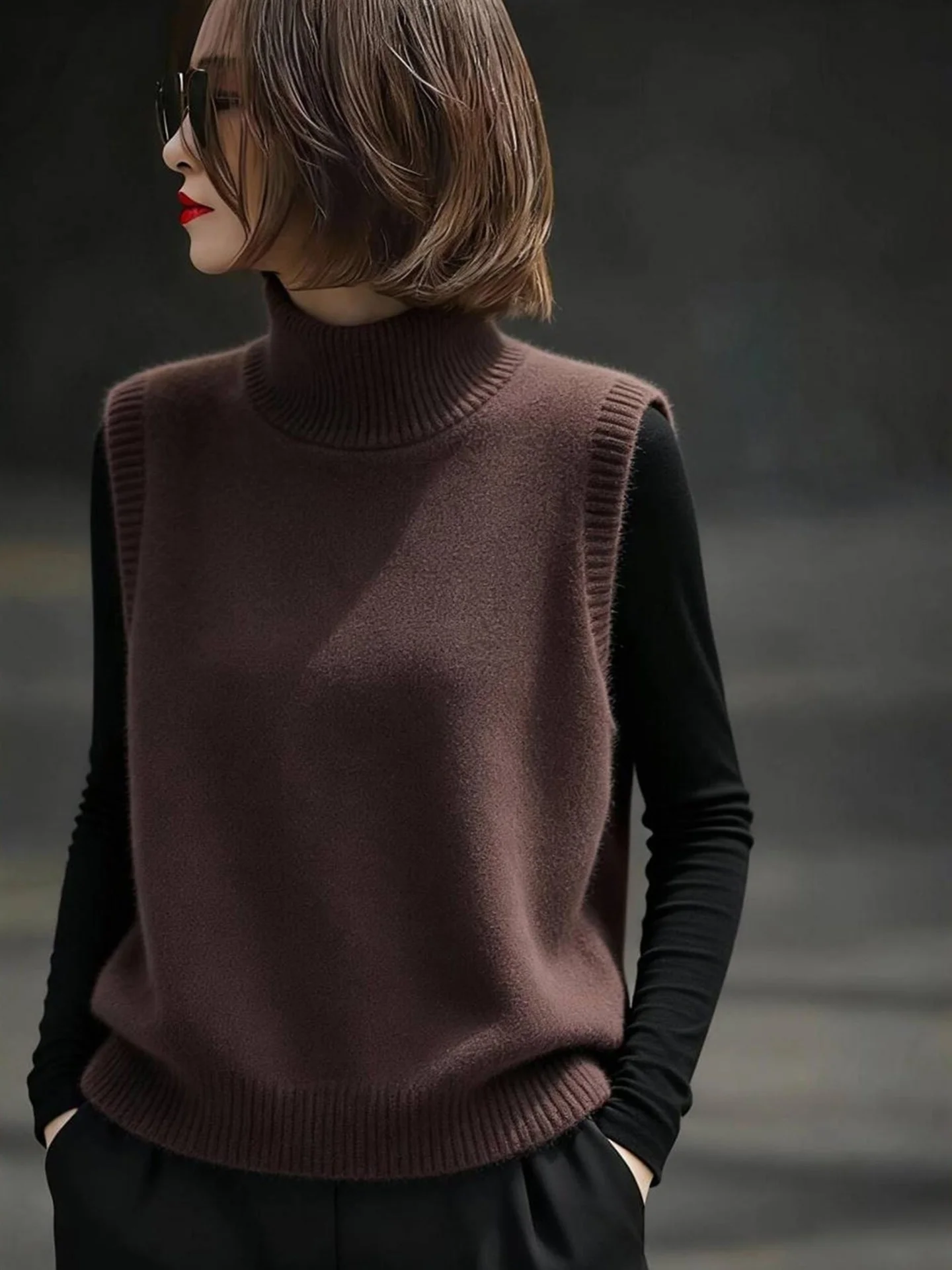 

Retro Svel Loose Knitted Vest Color Simple Top Winter Casual Layering Faionable Trendy High Collar No Button