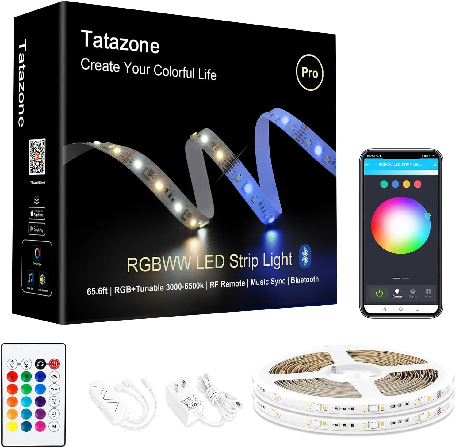 

RGBWW Bluetooth LED Strip Lights, 65.6ft Tunable White 3000K-6500K + RGB, Music Sync for Cabinet Bedroom, 2 Rolls