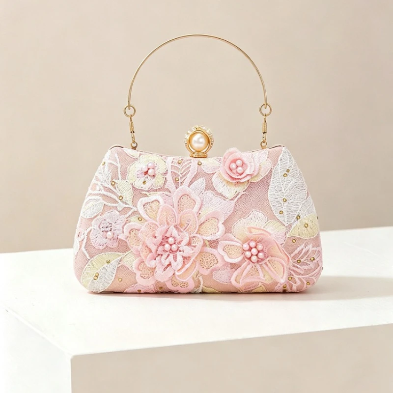 Elegant 3D Appliques Floral Lace Clutch Bag Pink Pearl Buckle Top Handle Purse Ladies Formal Wedding Embroidery Evening Handbag
