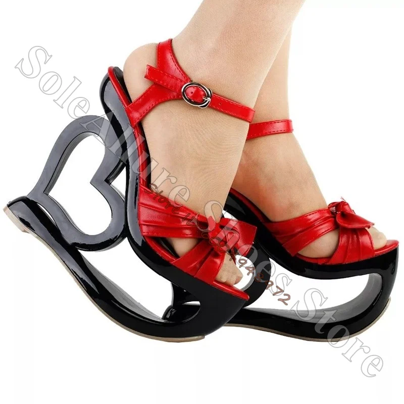 Red Bow Ankle Strap Black Heart Cutout Wedge Platform Sandals Bow Open Peep Toe Hollow Unique High Heels
