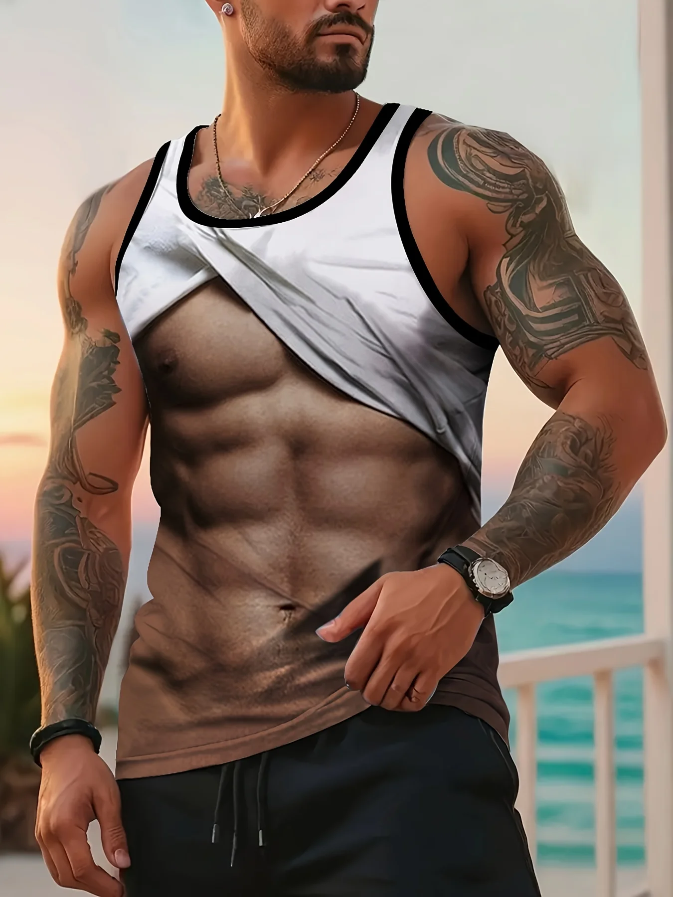 

Mens 3D Printed Muscle Tank Top Black Sleeveless Graphic Vest With Zipper Design Polyester Blend Summer Casual Wear Graphic Vest