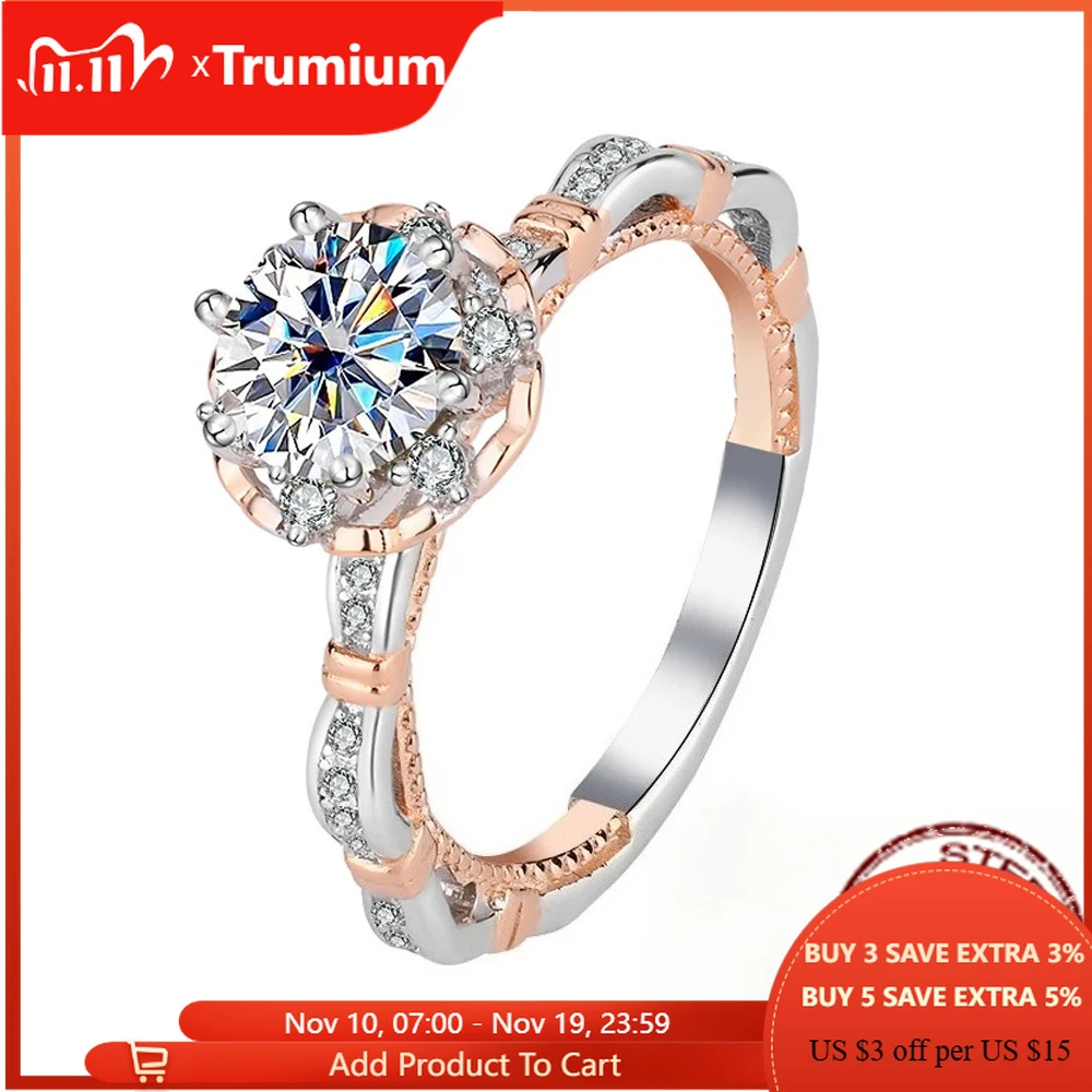 

Trumium 925 Sterling Silver Round Cut Solitare 1CT Moissanite Engagement Ring for Women Luxury Wedding Band Promise Rings