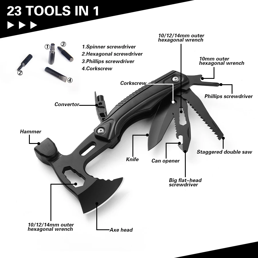 23-in-1 Outdoor-Axt: Messer, Säge, Schraubendreher, Flaschenöffner. Leicht, kompakt. Perfekt für Camping und Überleben. Tolles Geschenk für Männer.