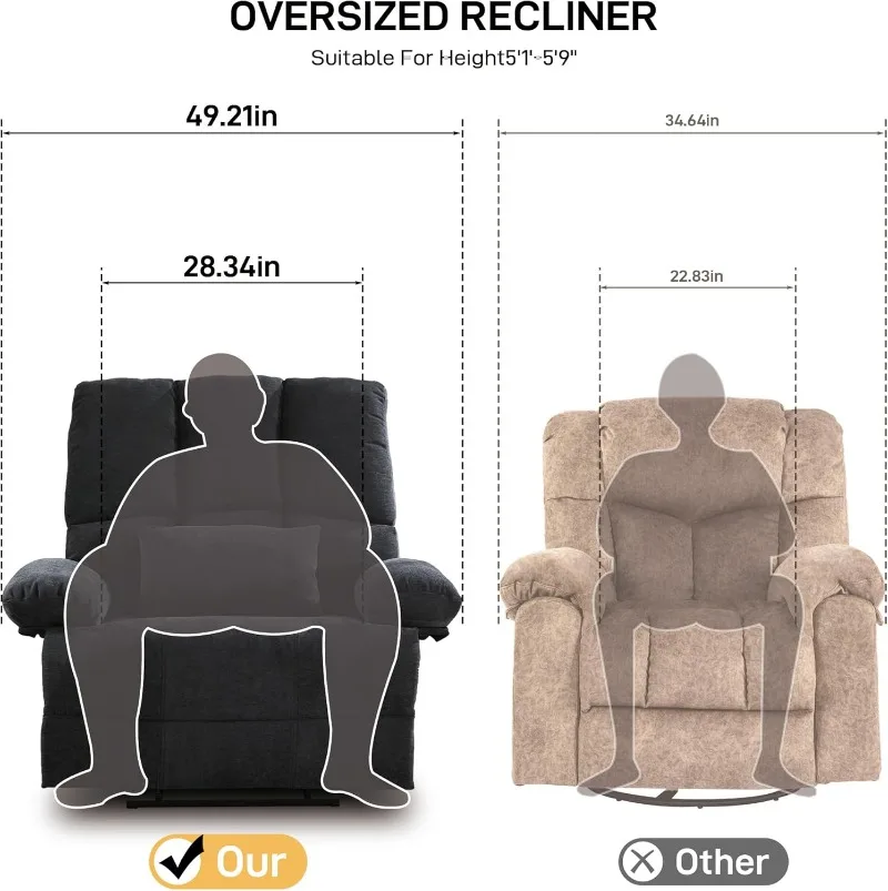 Oversized Recliner Chair 350 lb Weight Capacity, Plus Size 28 inch Large Wide Seat Manual Comfortable Fabric Recliner for Adults