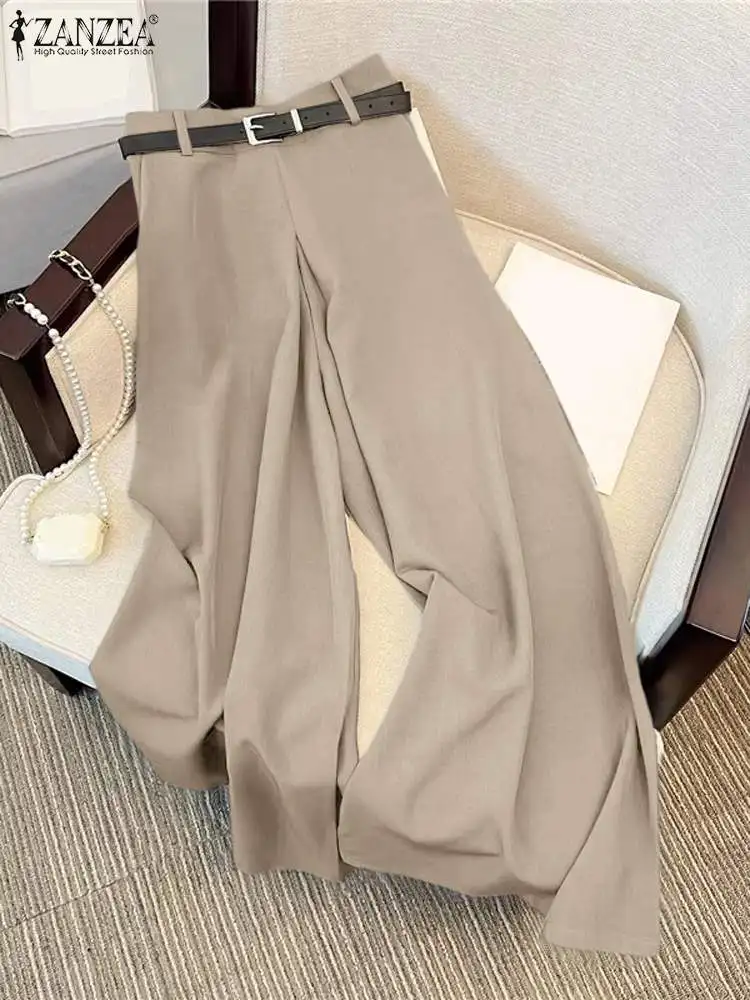 ZANZEA Fashion OL Pleated Women Wide Leg Pants 2024 Autumn High Waist Casual Work Pants Solid Color Elegant Office Long Ttousers