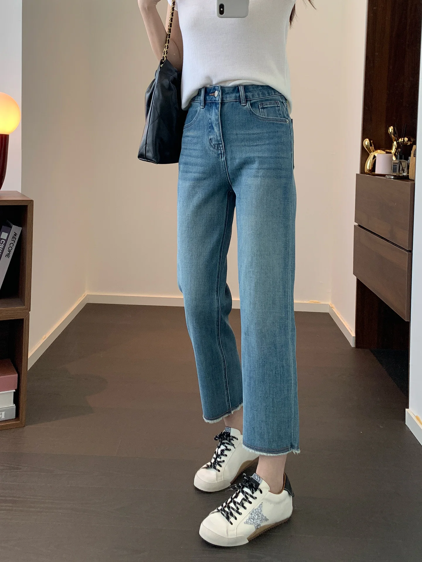 

Женские джинсы с высокой талией, удобные, дышащие, прямого кроя, повседневные, универсальные, с четырехсторонней эластичной тканью, с эффектом потертости