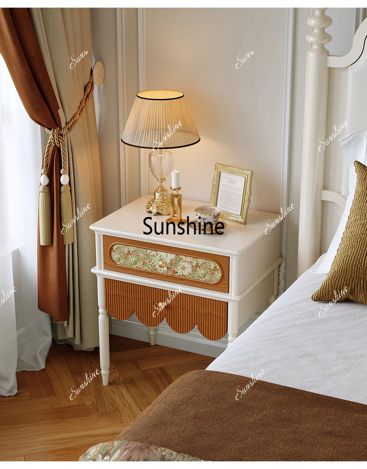 French retro bedside table, creamy white light luxury storage cabinet