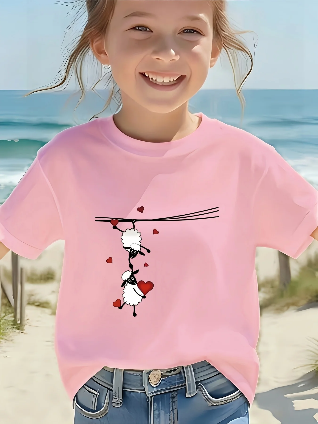 Cute Hanging Sheep With Red Hearts Print Family Matching T Shirt Boys Girls Soft Summer Short Sleeve Daily Casual Tees