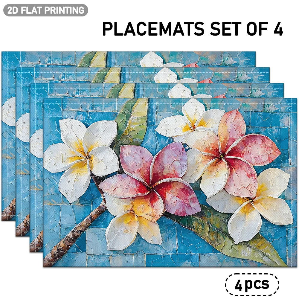 Textured Ceramic Tile Look Floral Table Mats 4PC Colorful Blooming Flower Placemats For Living Room Tabletop