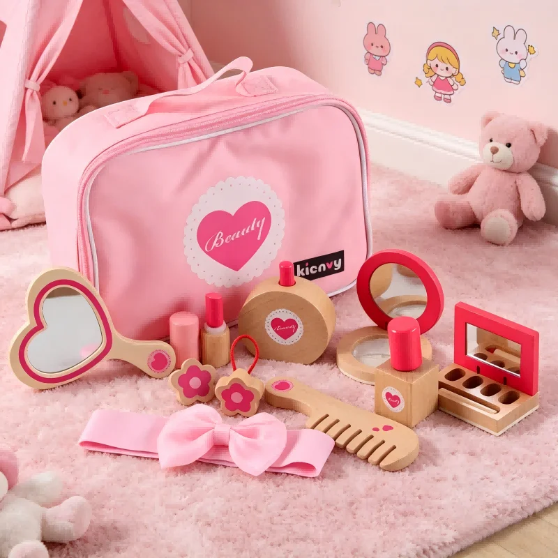 

Wooden Pretend Play Hairdressing Toy Set For Kids Pink Beauty Cosmetic Kit Role Play Hairstyling Tools Early Educational Gift
