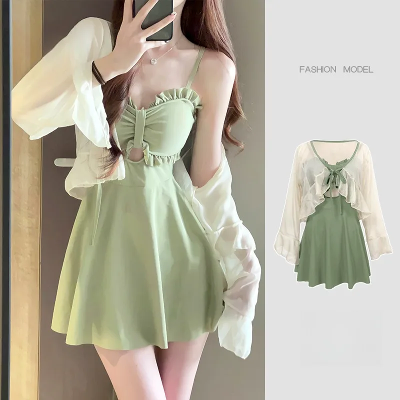 Traje de baño para mujer, novedad de verano 2021, falda conservadora fina de una pieza, traje de baño Sensual de gama alta verde aguacate para primavera