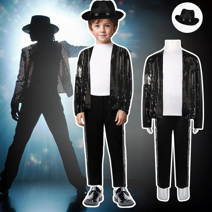 Men Women Retro 80s Pop Star Dance Costume Boys Girls Sequin Jacket Pants Full Set Stage Performance Outfit 56919