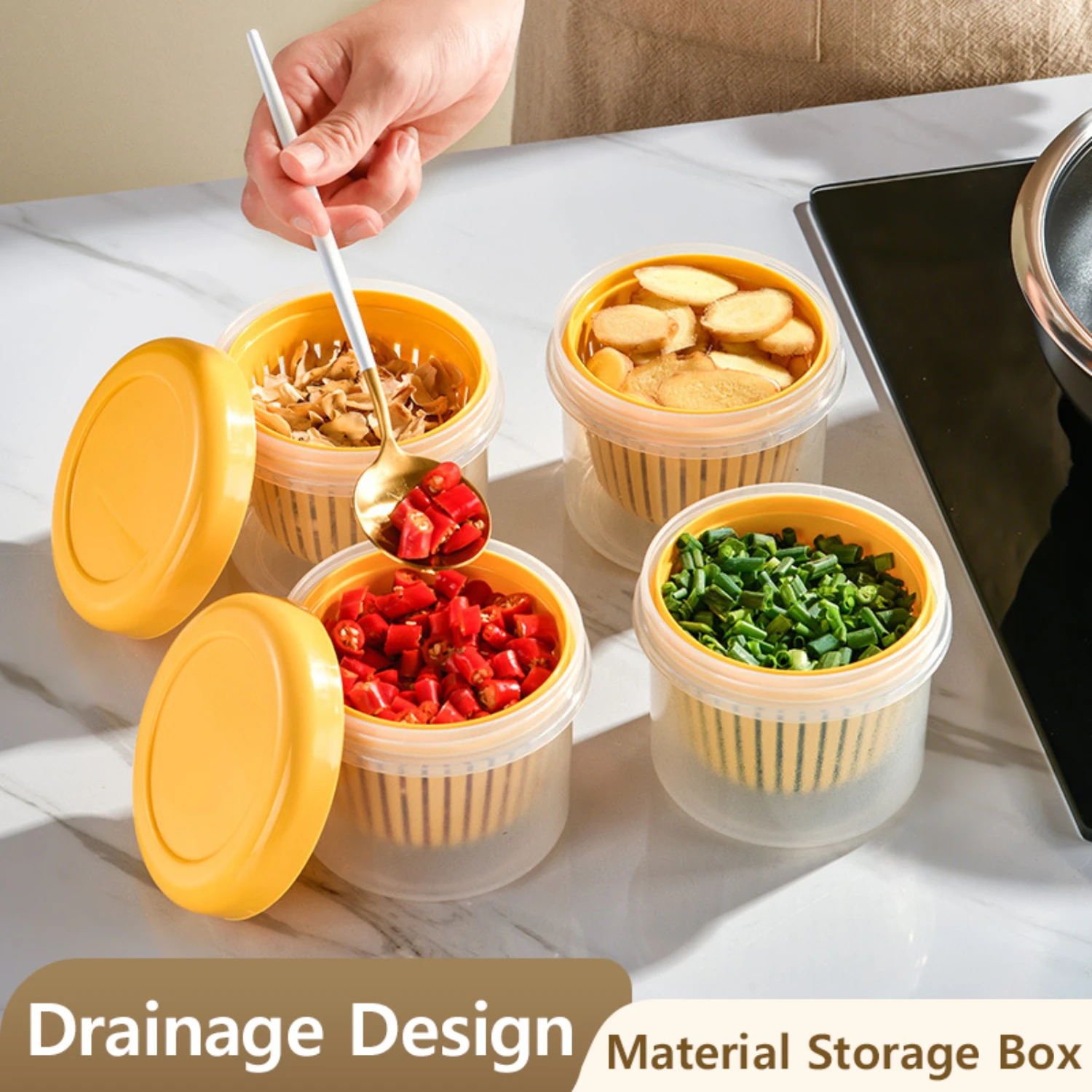 Convenient and durable airtight crisper box for fresh produce storage. Organize your garlic, ginger, chopped green onion, and fr