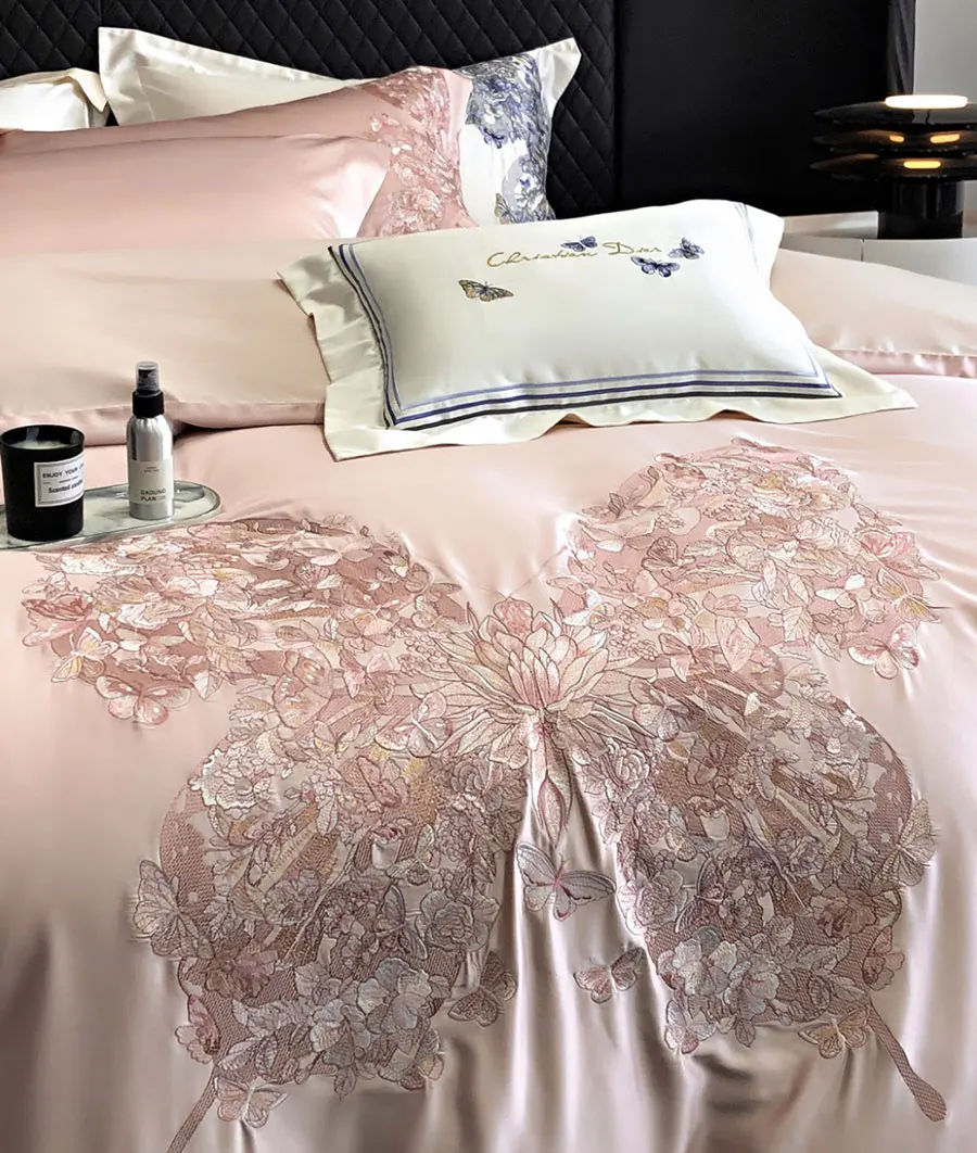 Elegant embroidery butterfly pink grey blue bedding set,full queen king cotton home textile bed sheet pillow case quilt cover