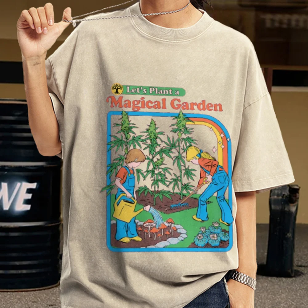 

My Garden Planting Patterns Print Women T-shirt Breathable Cotton Short Sleeve Washed Vintage Worn Out Female T Shirts