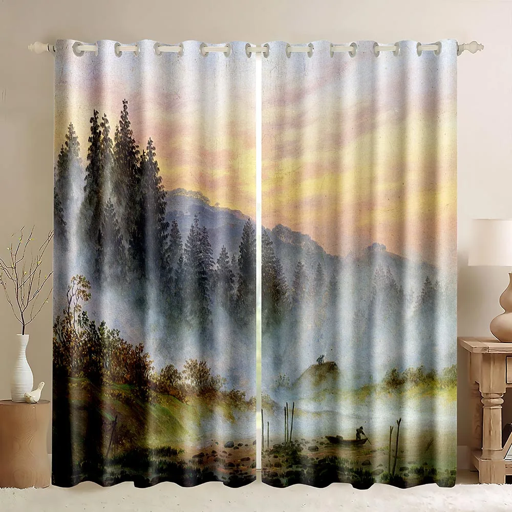 Oil Painting Blackout Curtains,Colorful Paint of Plains And Rivers,Vintage Retro Farmhouse Style Window Curtains for Bedroom