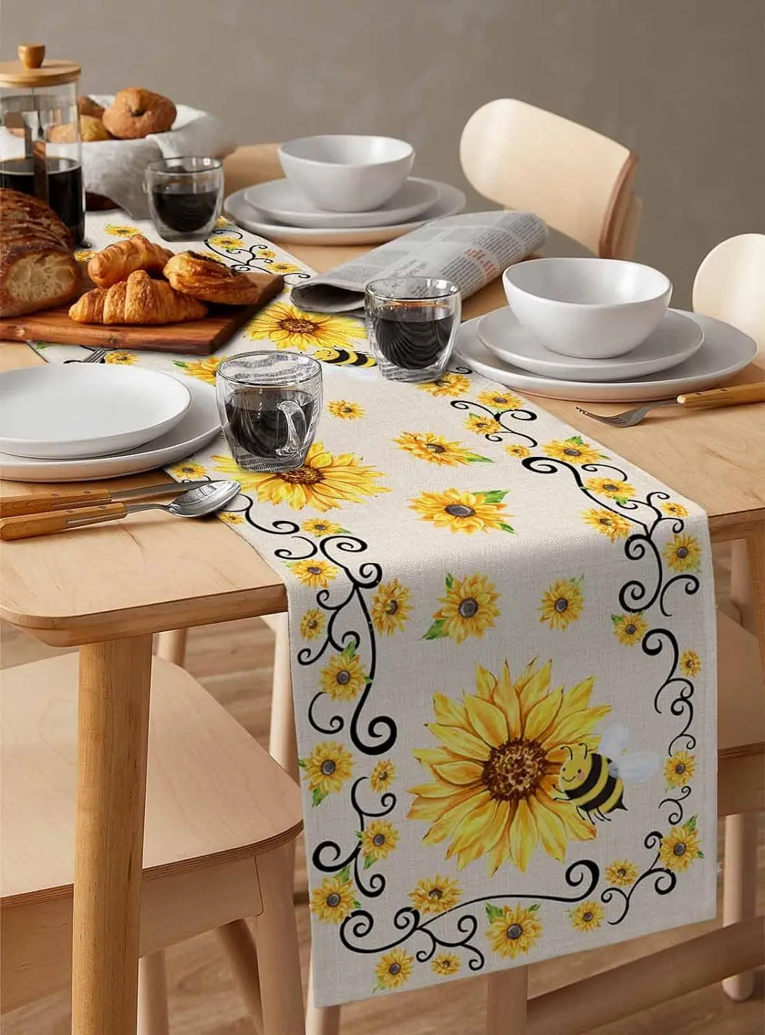 Summer Yellow Sunflowers Bee Linen Table Runners Farmhouse Style Dresser Scarf Table Decor Wedding Party Home Dining Table Decor