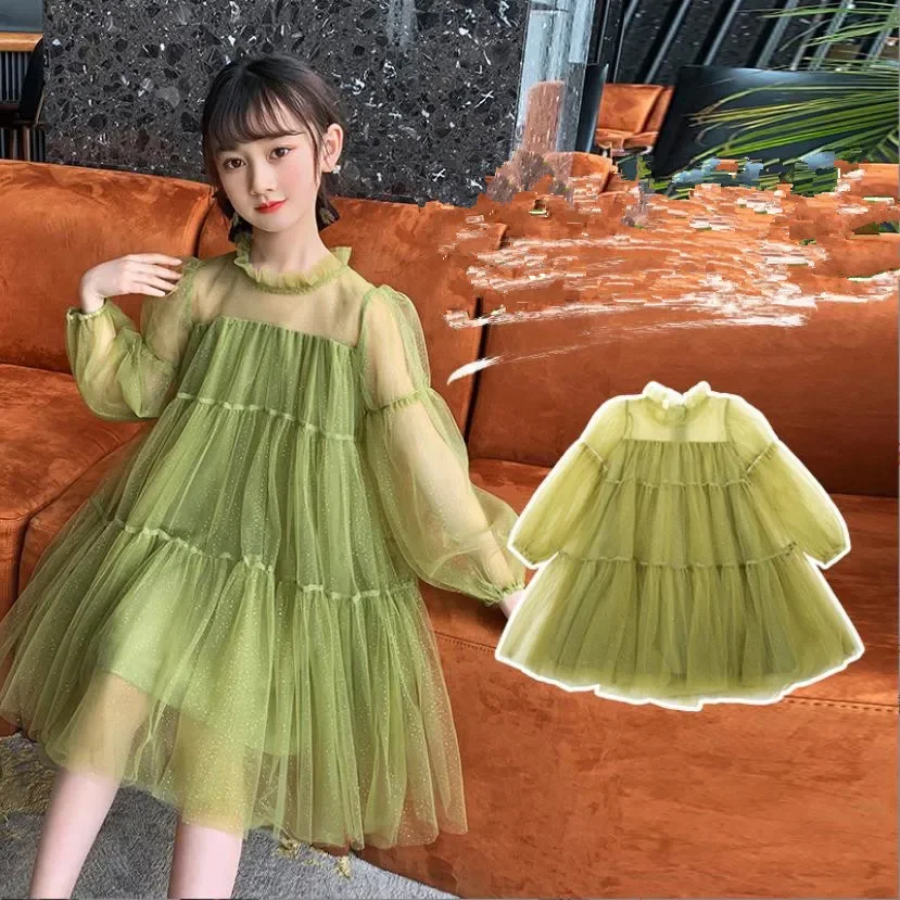 Korea Style Baby Girl Mesh Princess Summer New Long Sleeve Solid Vestidos Holiday Dress Kids Clothes Dress Wz722