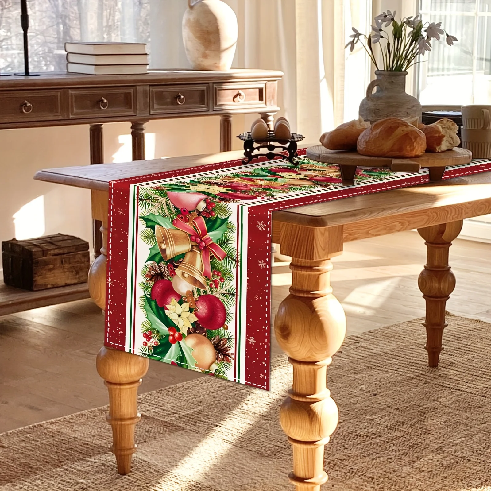 1 Merry Christmas Tablecloth with Red Floral Bell Pattern Christmas Atmosphere Fabric Tablecloth for Holiday Home Decor and Gift