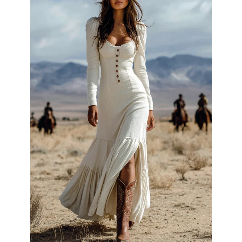 

Vintage Spring U Neck Button Pleated Long Dress Woman Fashion Solid Split Boho Dress Autumn Long Sleeve Slim Maxi Dress Vestidos