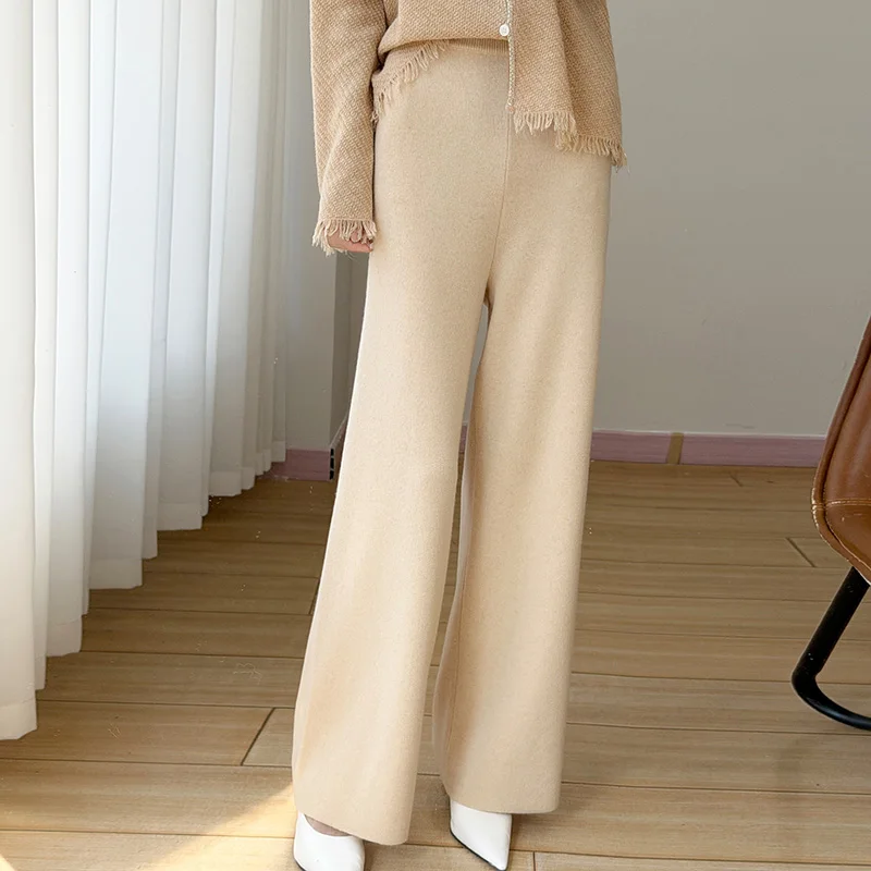2026 New Women Thick 100% Pure Wool Pants Winter Cold Resistant Loose Wide Leg Knit Trousers Elegant Lady Bottoms JN