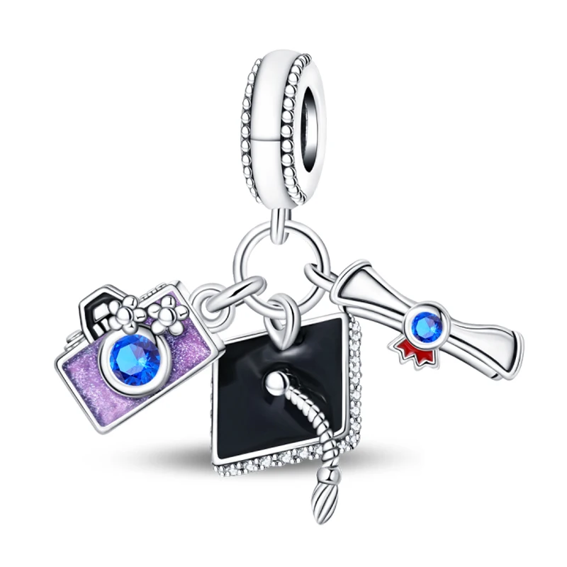 S925 Silver Color Graduation Certificate Bachelor's Hat Graduation Series Charms Beads Fit Pan Original Bracelets DIY Jewelry image 3