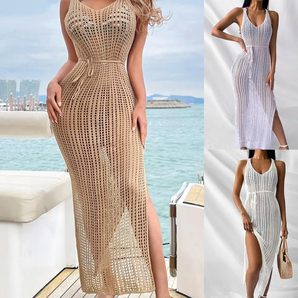 Vestido casual de biquíni, capa exterior sexy, magro, cor pura, vestido de praia com cordões, sem costas