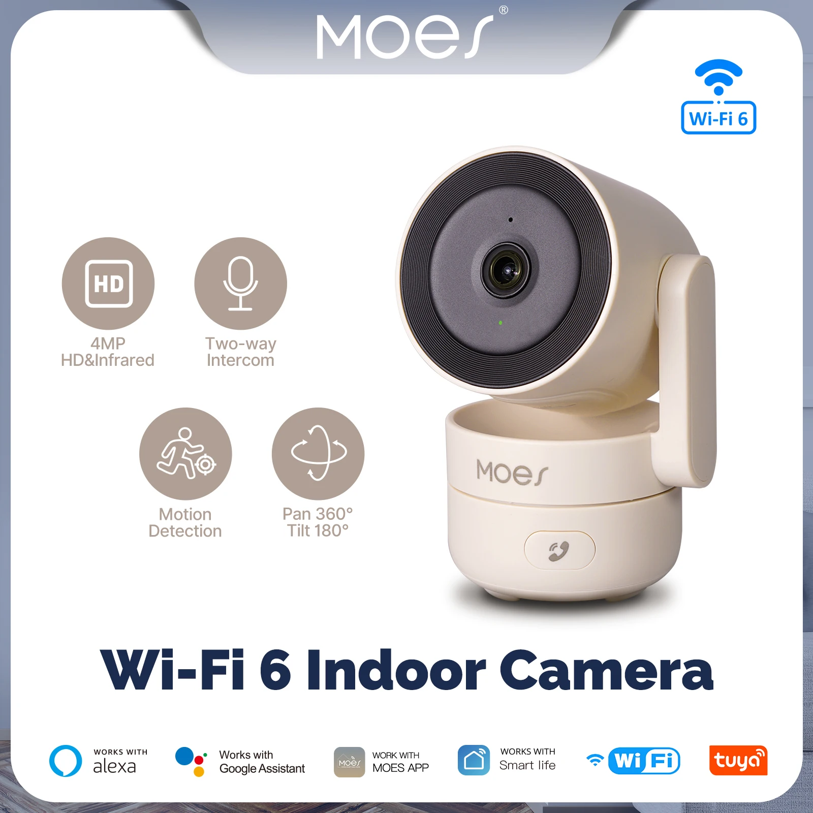 MOES Tuya Wi-Fi 6 Smart Indoor 4MP HD Security Pan/Tilt Camera Motion Tracking & Sound Detection Infrared Night Vision Monitor