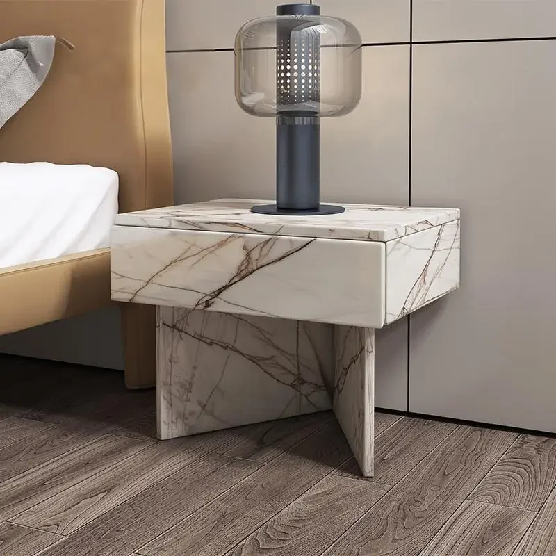 

Italian Minimalist Nightstand Calacatta White&Laurent Black Gold Marble, Square Rounded Geometric Base with Large Storage Drawer