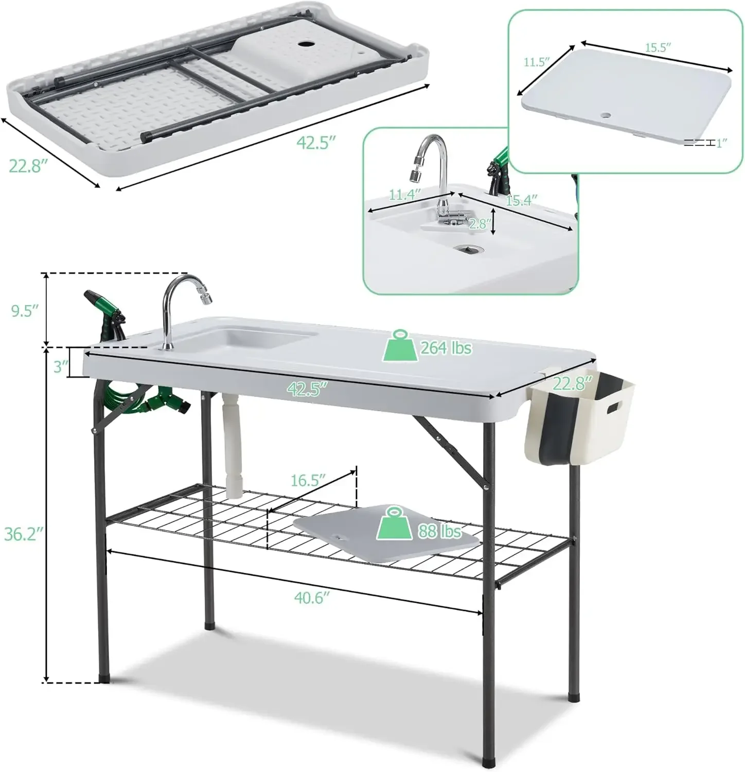 Sink Fish Cleaning Table Portable Camping Table with Faucet Hose Hook Up Grid Rack, Fish Fillet Camping Sink Ta